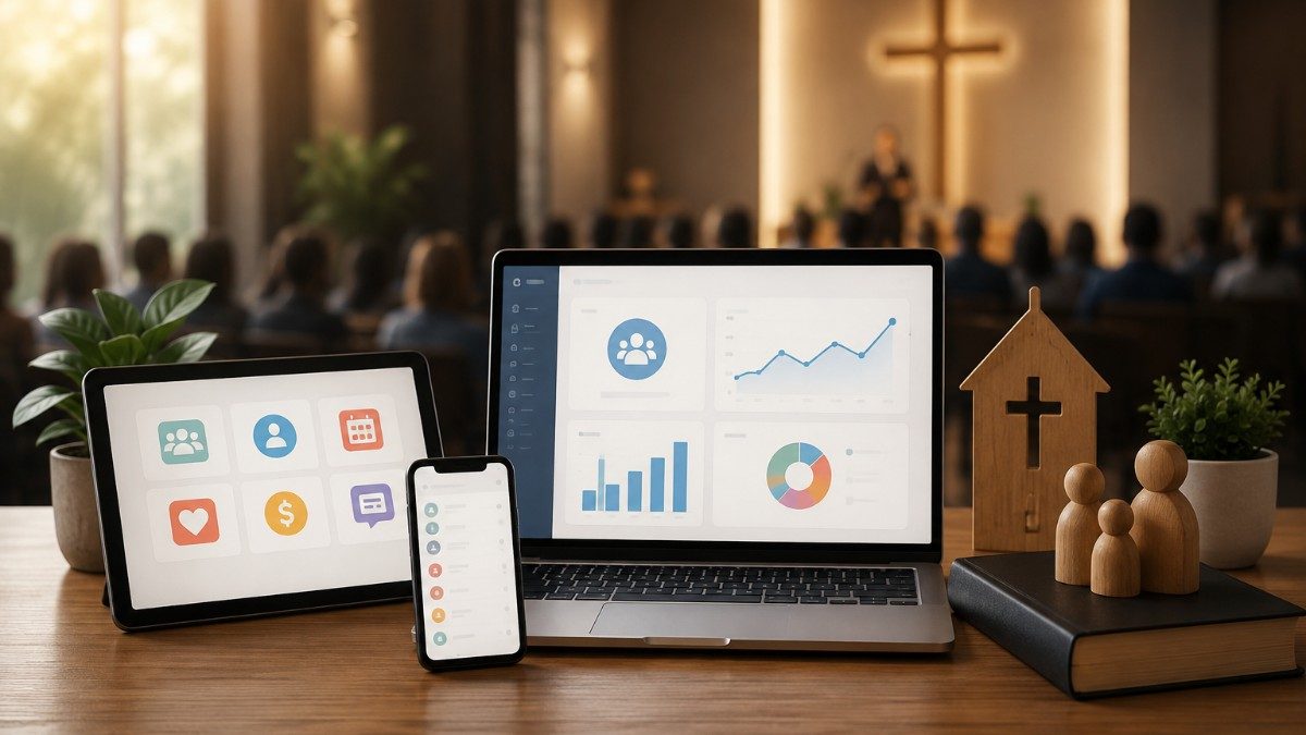 Pastor comparando sistemas de gestão para igrejas no notebook, com papéis de anotação ao lado