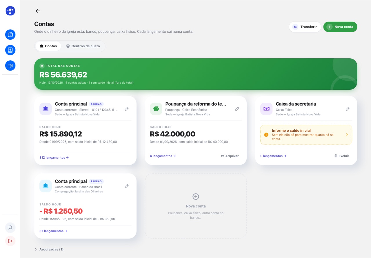 Tela de contas da tesouraria com total, conta principal, poupança e caixa