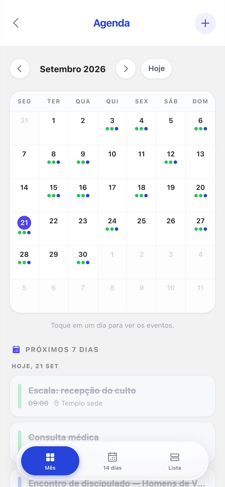 Agenda do app com o calendário do mês e os próximos compromissos