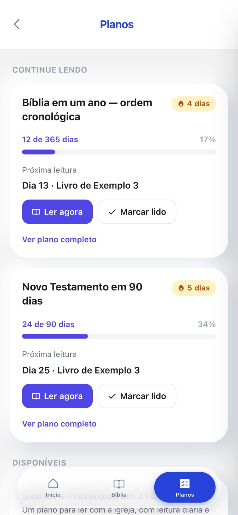 Planos de leitura com progresso
