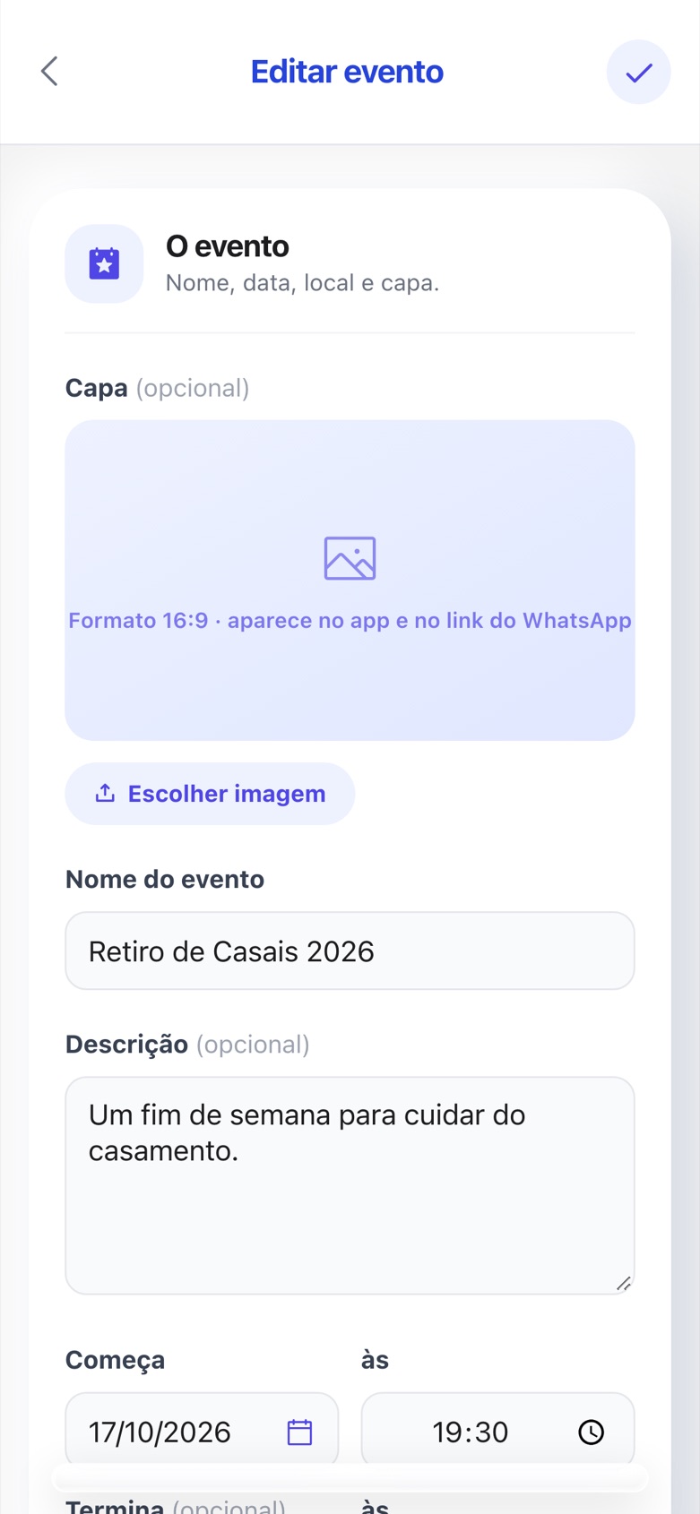 Tela de edição do evento com capa, nome e datas