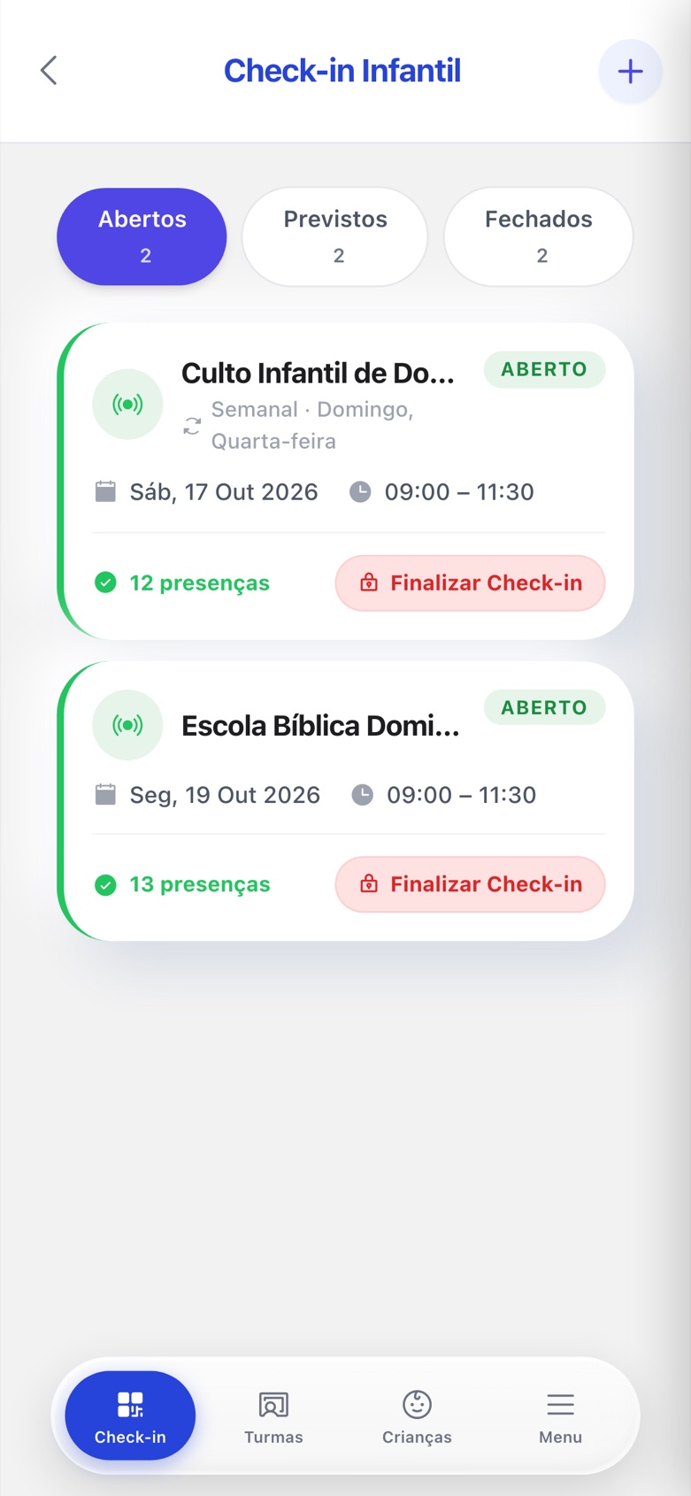 Check-ins abertos do ministério infantil