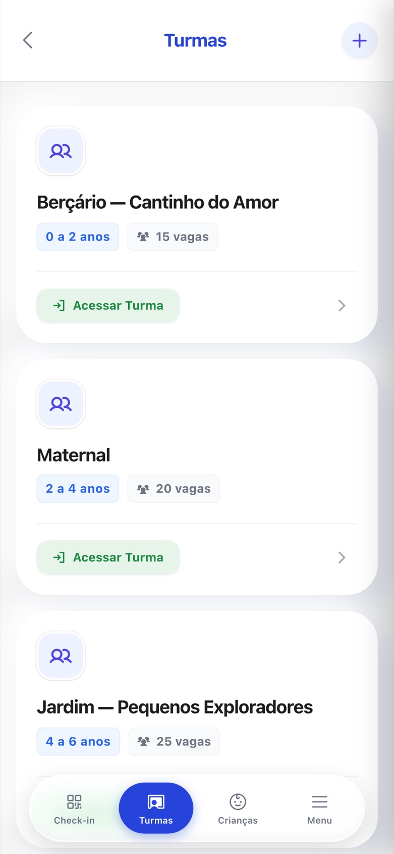Turmas do ministério infantil com faixa etária e vagas
