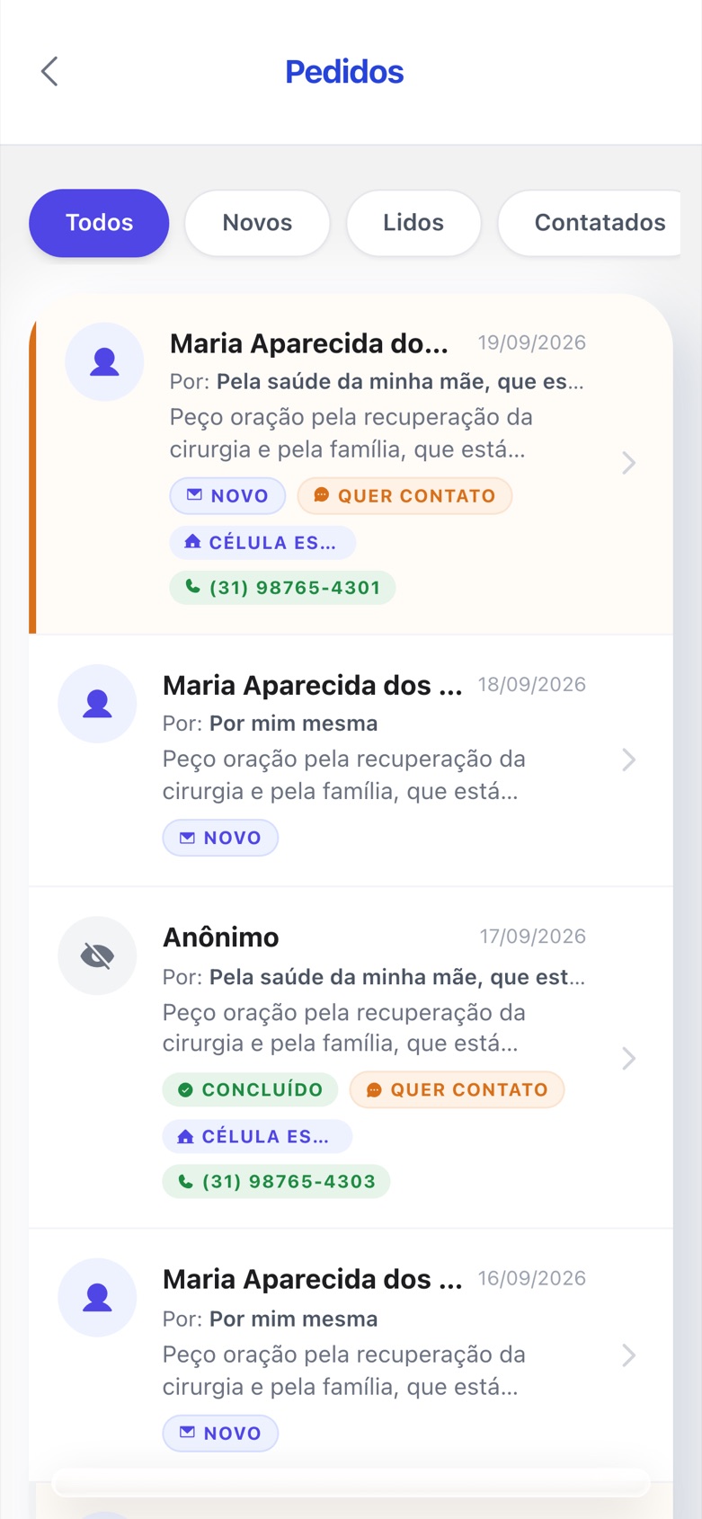 Lista de pedidos de oração com filtros