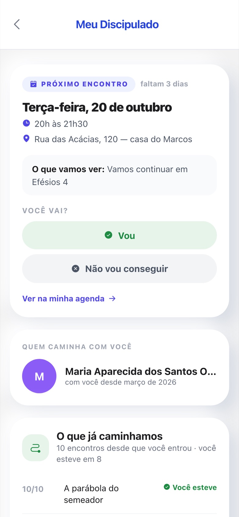 Tela Meu Discipulado com o próximo encontro