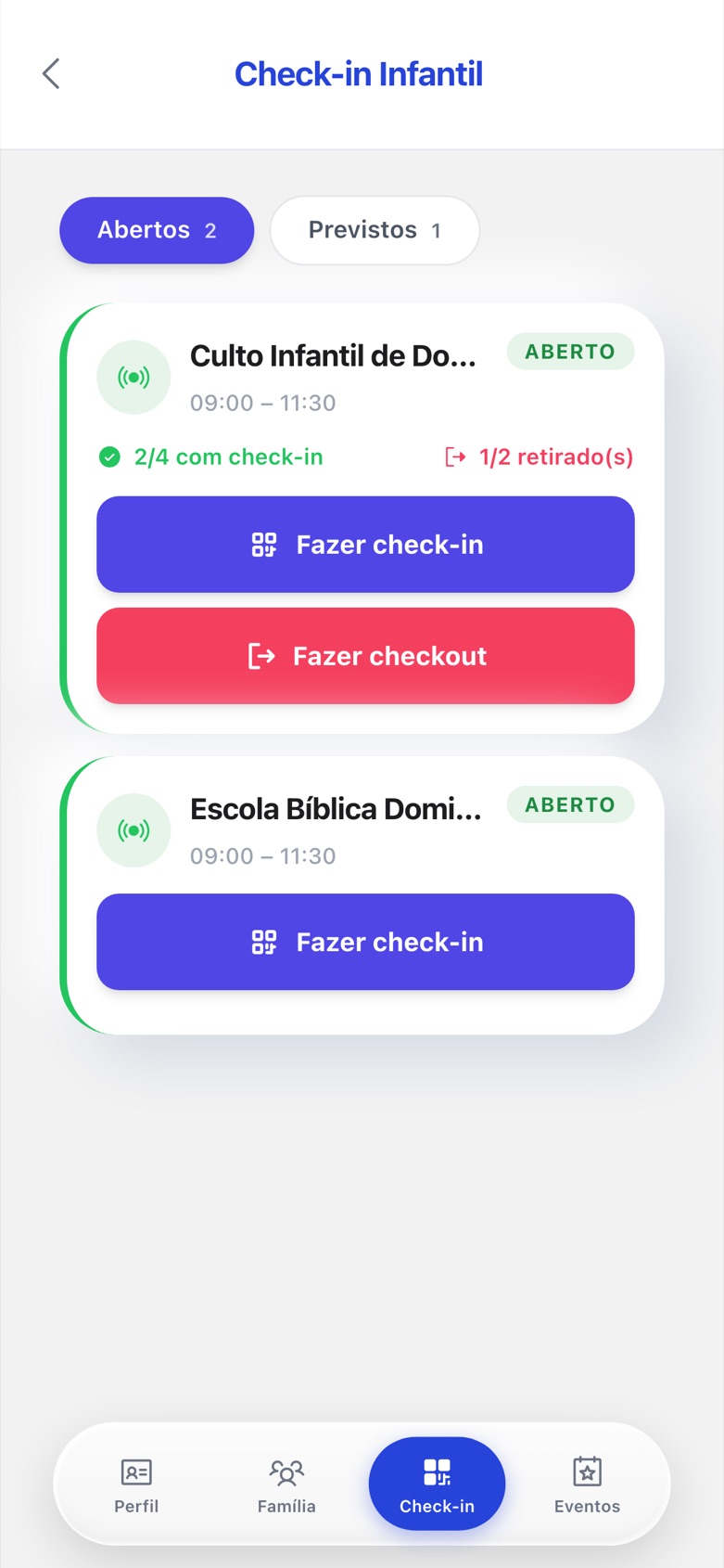 Check-in infantil pelo app dos pais