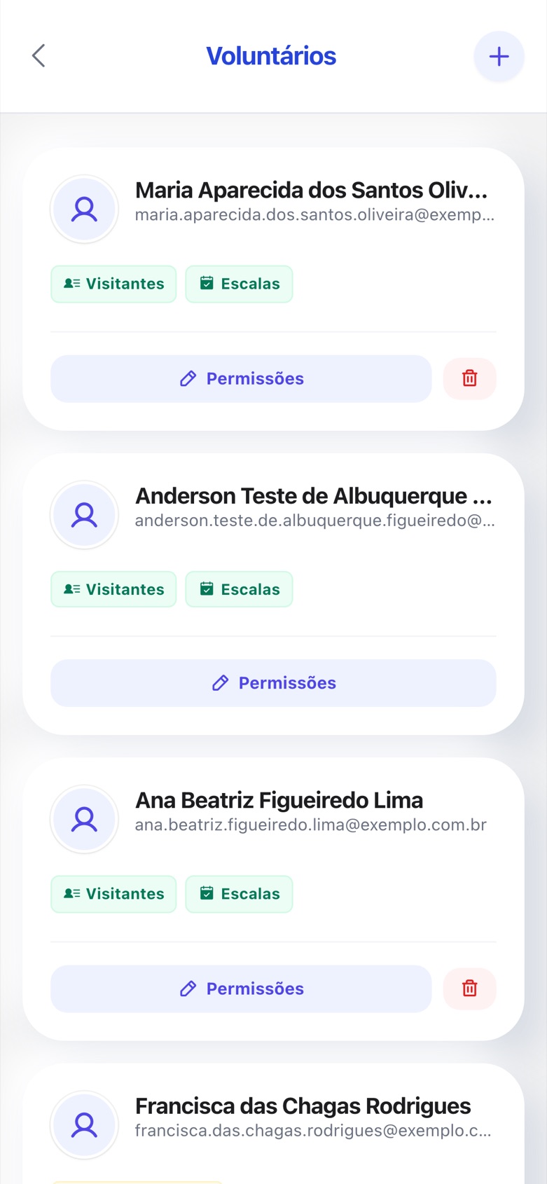 Voluntários da recepção com permissões