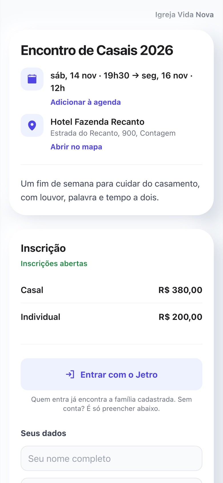 Página pública de um evento com data, local e lotes de inscrição